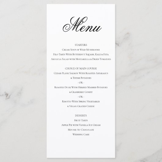 Elegante klassieke formele zwart wit bruiloft dine menu (Voorkant)