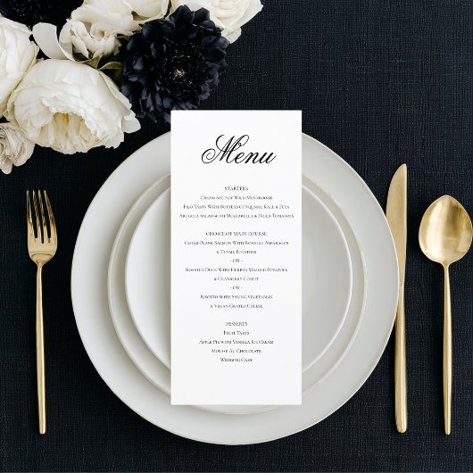 Elegante klassieke formele zwart wit bruiloft dine menu