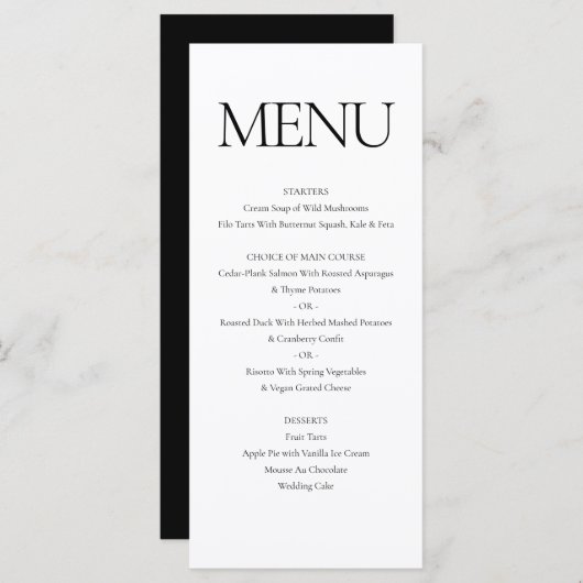 Elegante klassieke formele zwart wit bruiloft dine menu (Voorkant / Achterkant)