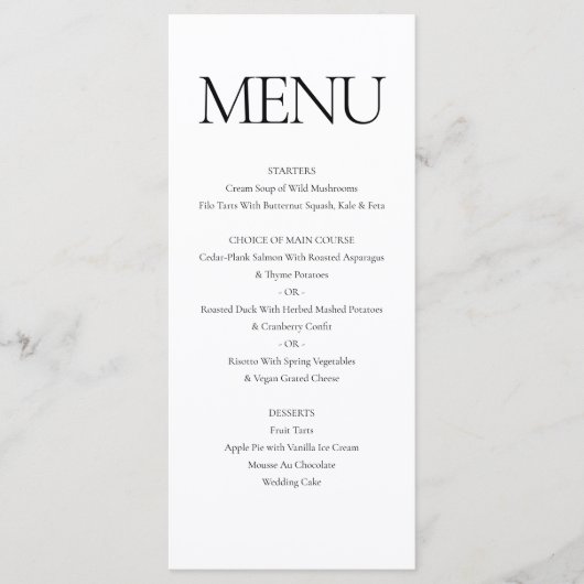 Elegante klassieke formele zwart wit bruiloft dine menu (Voorkant)