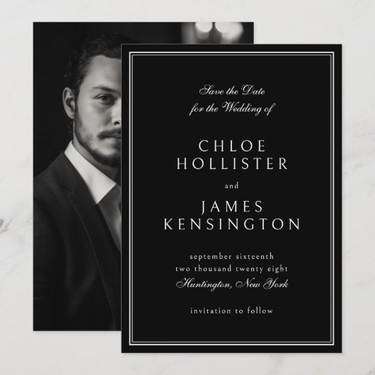 Elegante klassieke formele zwarte foto bruiloft save the date (Voorkant / Achterkant)