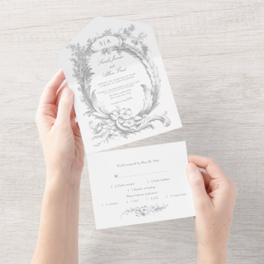 Elegante Klassieke Franse Rococo Bloem All In One Uitnodiging (Afscheurbaar)