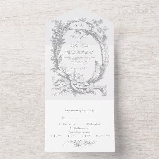 Elegante Klassieke Franse Rococo Bloem All In One Uitnodiging (Binnen)