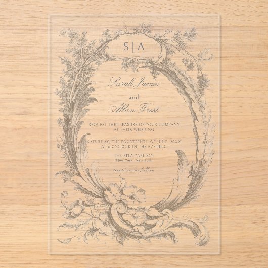 Elegante klassieke Franse rococo floraal Acryl Uitnodigingen (Voorkant)