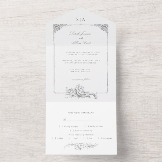 Elegante klassieke Franse rococo floraal All In One Uitnodiging (Binnen)