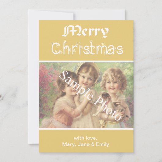 Elegante, klassieke gele Merry Christmas fotokaart Feestdagenkaart (Voorkant)