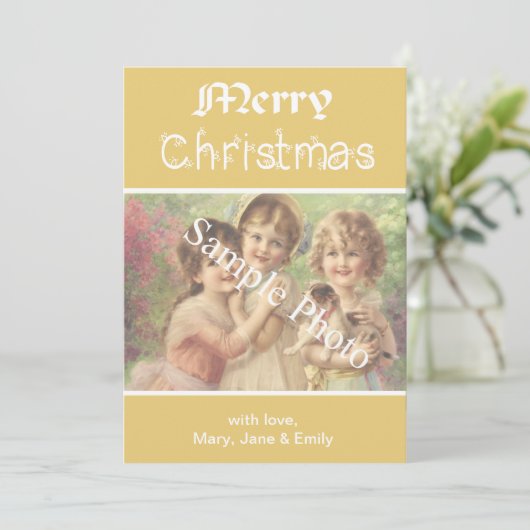 Elegante, klassieke gele Merry Christmas fotokaart Feestdagenkaart (Staand voorkant)