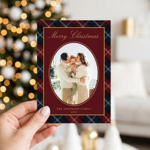 Elegante Klassieke Geruite Familie Foto Kerstmis Feestdagenkaart