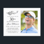 Elegante klassieke golf 30e verjaardag Party Foto Uitnodiging Briefkaart<br><div class="desc">Elegante zwart-wit verjaardagsuitnodiging voor een golfer. De top van de uitnodiging is versierd met accessoires - een golfclub, golfbal, pet en handschoenen. De waterverf design creëer is een traditioneel en klassiek esthetiek. Perfect voor een verjaardagsbash bij de club of een BBQ in de achtertuin. Alle tekst kan eenvoudig worden bewerkt....</div>