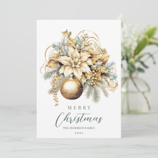 Elegante klassieke gouden blauwe luxe kerstboeket feestdagenkaart (Staand voorkant)