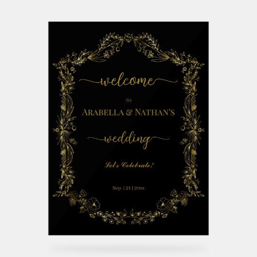 Elegante klassieke gouden bloemenbruiloft welkom acryl bord (Voorkant)