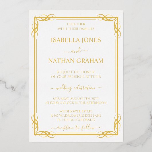 Elegante klassieke gouden en witte bruiloft folie uitnodiging (Voorkant)