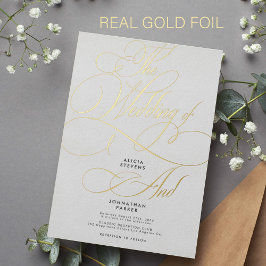 Elegante klassieke gouden kalligrafie huwelijksuit folie uitnodiging