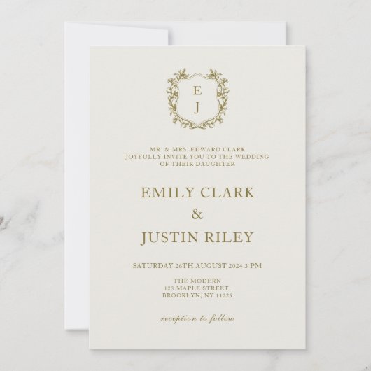 Elegante klassieke gouden kuif monogram bruiloft kaart (Voorkant)