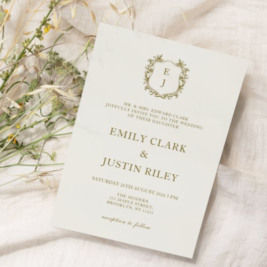 Elegante klassieke gouden kuif monogram bruiloft kaart