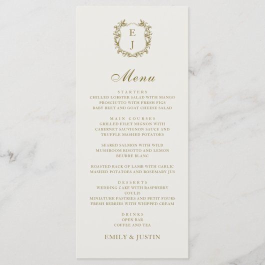 Elegante klassieke gouden kuif monogram bruiloft menu (Voorkant)