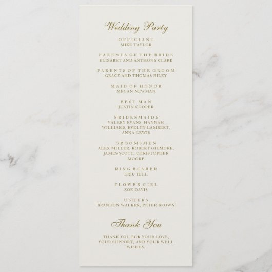 Elegante klassieke gouden kuif monogram bruiloft programmakaart (Achterkant)