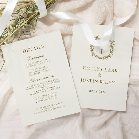 Elegante klassieke gouden monogram bruiloft detail informatiekaartje