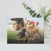 Elegante klassieke gouden script foto overlay brui bedankkaart (Staand voorkant)