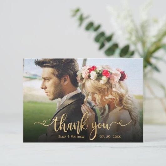 Elegante klassieke gouden script foto overlay brui bedankkaart (Staand voorkant)