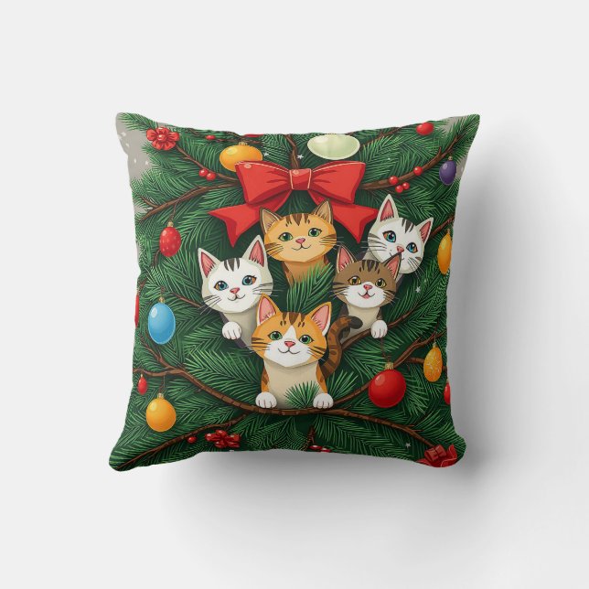 Elegante klassieke grappige kat kerstboom rood gro kussen (Achterkant)
