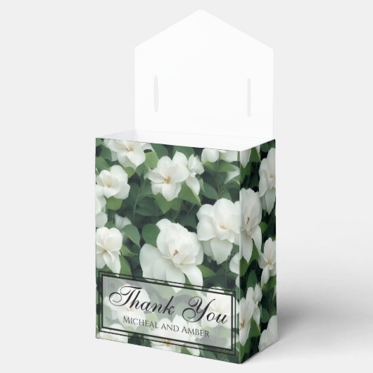 Elegante klassieke groene botanische witte bloemen bedankdoosjes (Geopend)