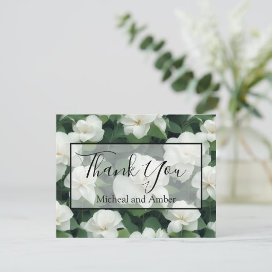 Elegante klassieke groene botanische witte bloemen bedankkaart (Staand voorkant)