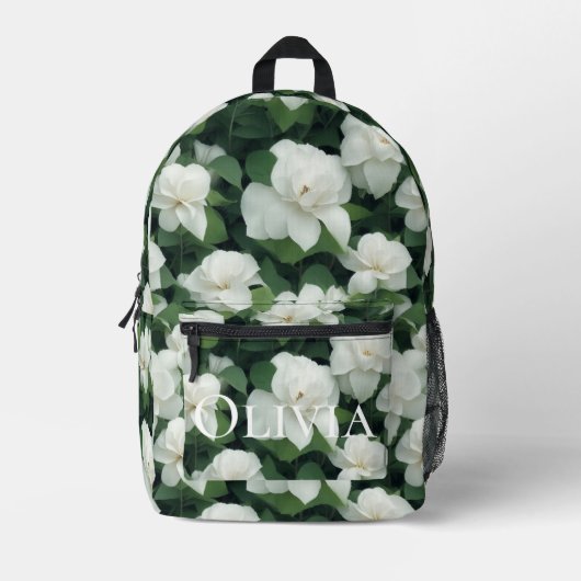 Elegante klassieke groene botanische witte bloemen bedrukte rugzak (Voorkant)