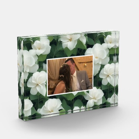 Elegante klassieke groene botanische witte bloemen fotoblokken (Links)