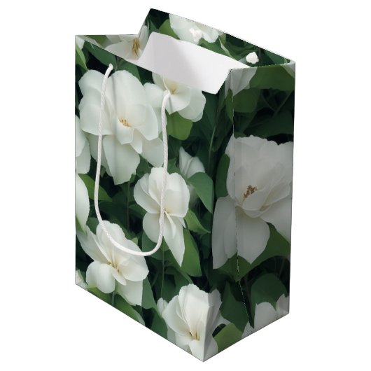 Elegante klassieke groene botanische witte bloemen medium cadeauzakje (Voorkant Gekanteld)