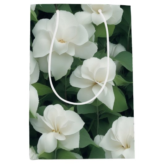 Elegante klassieke groene botanische witte bloemen medium cadeauzakje (Voorkant)