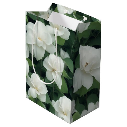 Elegante klassieke groene botanische witte bloemen medium cadeauzakje (Achterkant Gekanteld)