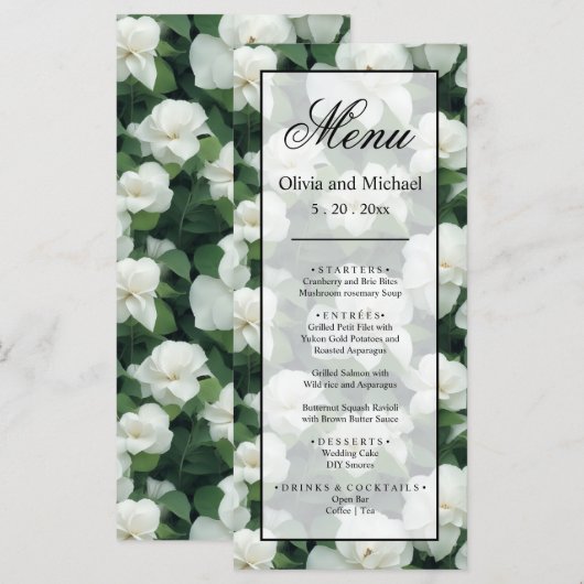 Elegante klassieke groene botanische witte bloemen menu (Voorkant / Achterkant)