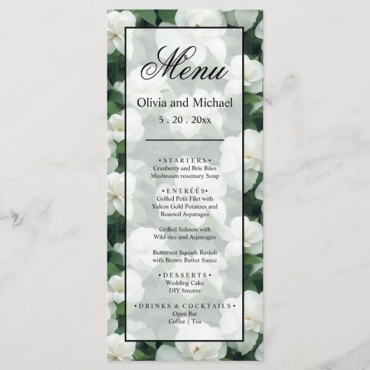 Elegante klassieke groene botanische witte bloemen menu (Voorkant)