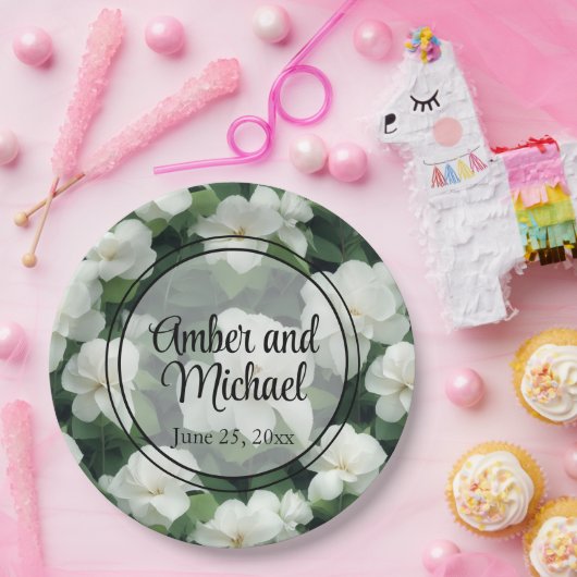 Elegante klassieke groene botanische witte bloemen papieren bordje (Feest)