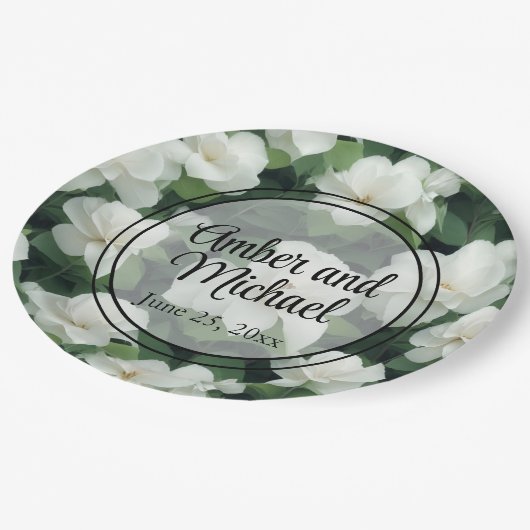 Elegante klassieke groene botanische witte bloemen papieren bordje (Gekanteld)