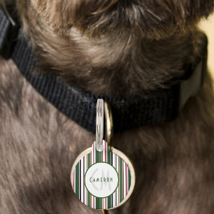 Elegante Klassieke Groene Gestreepte Monogram Huisdierpenning