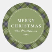 Elegante klassieke groene plaid vrolijke kerst ronde sticker (Voorkant)