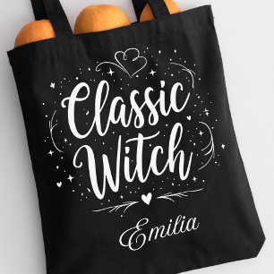 Elegante klassieke heks aangepaste naam Halloween Tote Bag