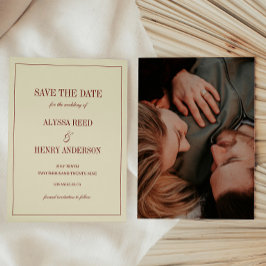 Elegante klassieke ivoor & rode script huwelijksfo save the date