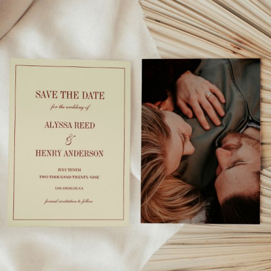 Elegante klassieke ivoor & rode script huwelijksfo save the date