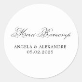 Elegante klassieke kalligrafie bruiloft Merci Beau Ronde Sticker (Voorkant)