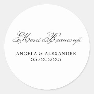Elegante klassieke kalligrafie bruiloft Merci Beau Ronde Sticker
