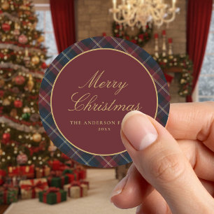 Elegante Klassieke Kerst Geruit Ronde Sticker