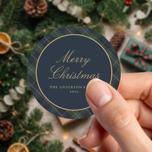 Elegante Klassieke Kerst Geruit Ronde Sticker