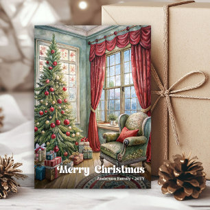 Elegante klassieke Kerstinterieur met dennen Feestdagenkaart