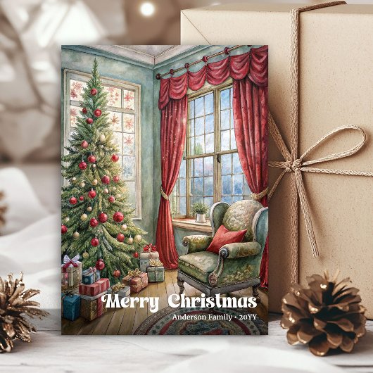 Elegante klassieke Kerstinterieur met dennen Feestdagenkaart