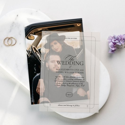 Elegante Klassieke Luxe Lichtgrijze Monogram Bruil Vellum Uitnodigingen