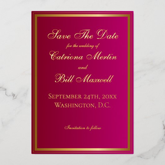 Elegante klassieke magenta en goud save the date folie uitnodiging (Voorkant)