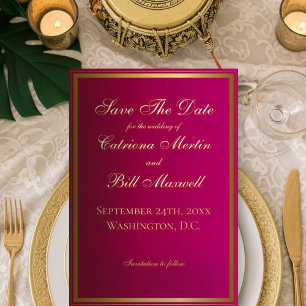 Elegante klassieke magenta en goud save the date folie uitnodiging